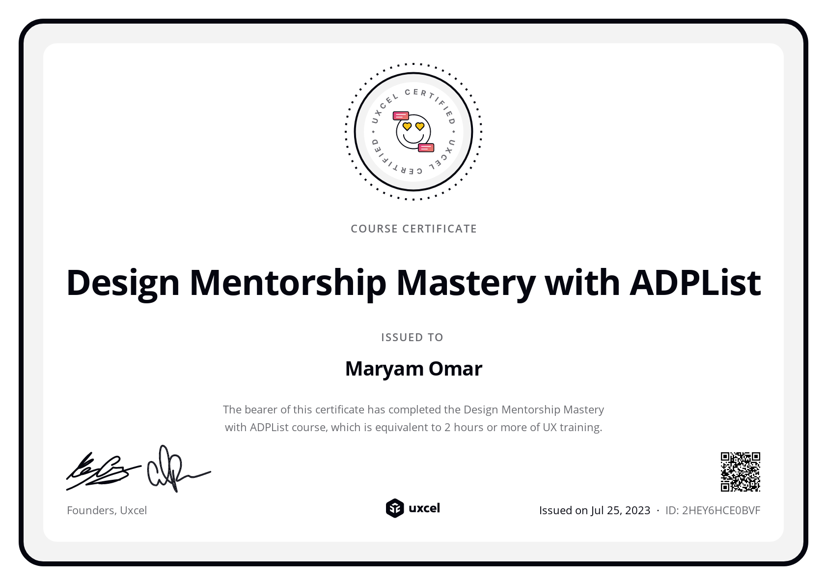 Maryam Omar's certificate